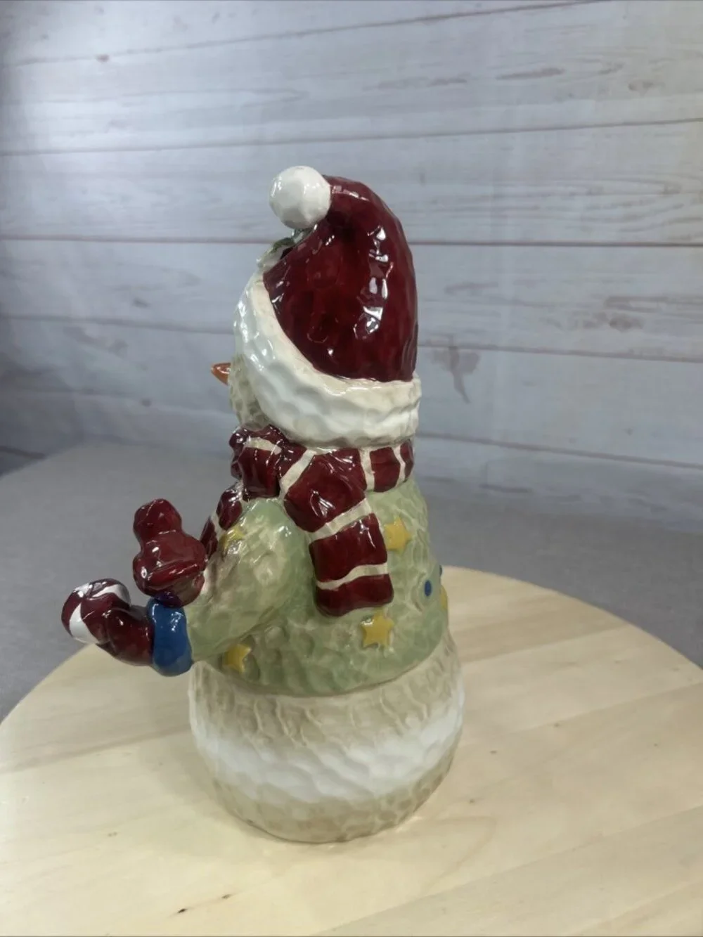 Vintage Painted Folk Art Farmhouse Pottery Snowman With cardinal & Star Decor